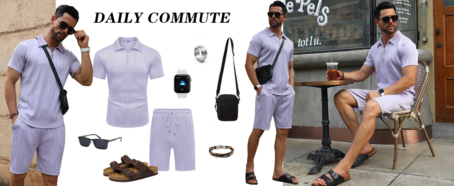URRU Men's 2 Piece Outfits Short Sleeve Casual Zip Polo Shirt and Shorts Set