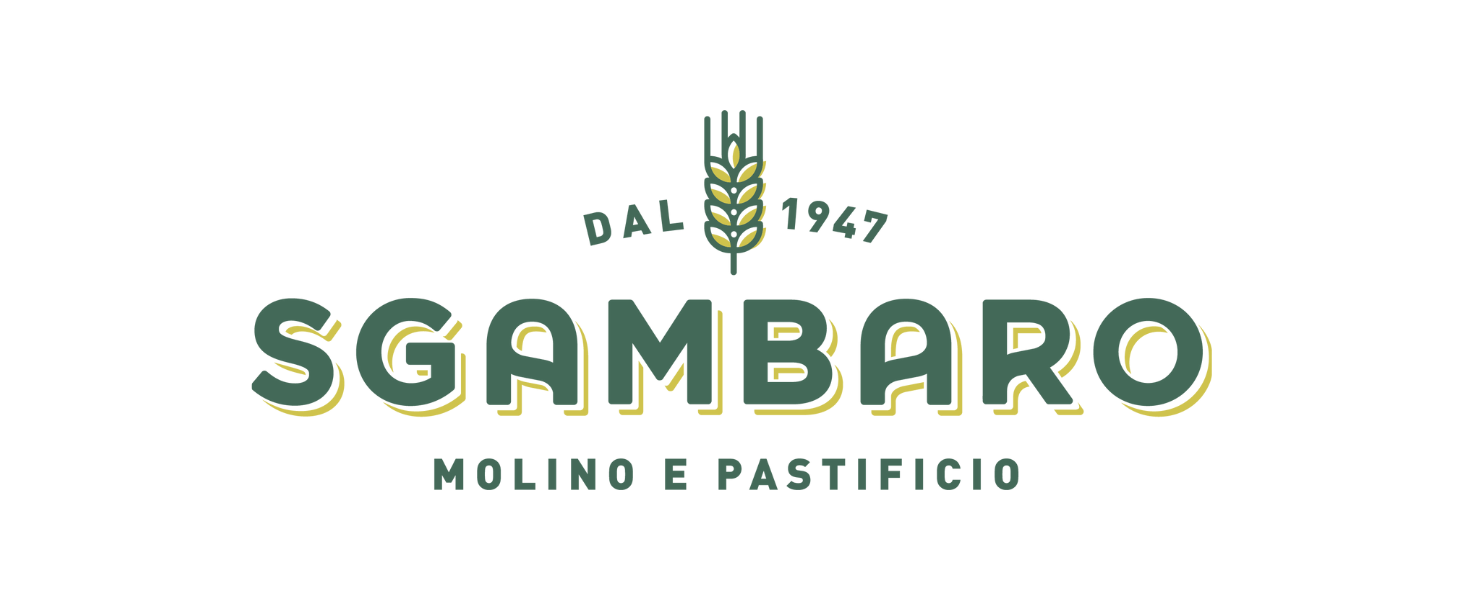 Il testo recita «SGAMBARO MOLINO E PASTIFICIO EST.1947» Il logo presenta il simbolo del grano sopra il testo verde con la data di fondazione.