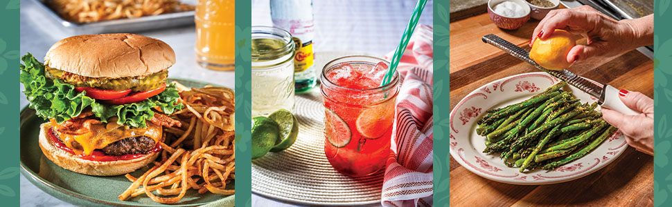 food images: burger, limeaid, perfect green beans