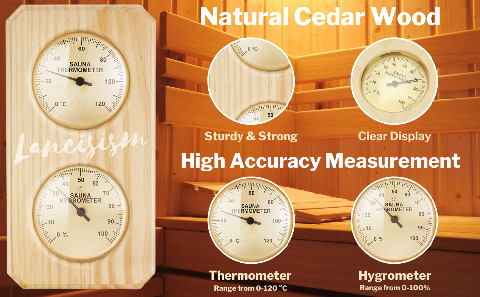 2 in 1 Sauna Thermometer and Hygrometer, Lancisism Cedar Sauna Hygrothermograph Indoor Wooden