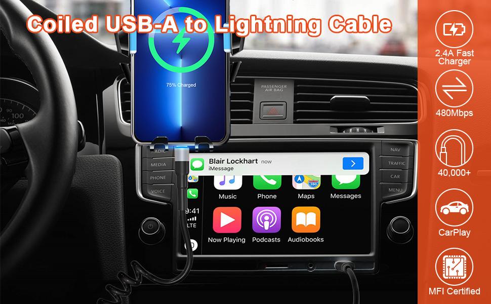Coiled Lightning Cable Apple Carplay Compatible [Apple MFi Certified] Short USB to Lightning