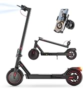 Varias vistas de un patinete eléctrico negro con detalles en rojo, que muestra varios ángulos, incluida la posición plegada y la función de soporte para teléfono.