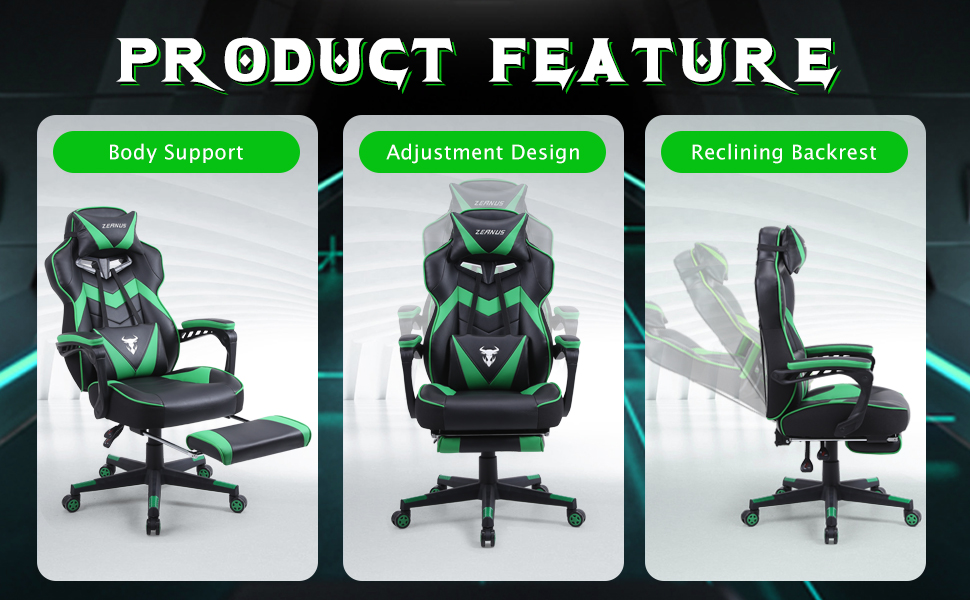 Zeanus Gaming Chair with Footrest Green Ergonomic Computer Gaming Chair
