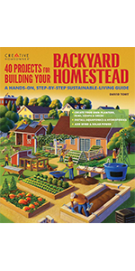 Cover art for 40 Projects for Building Your Backyard Homestead, with a chicken coop, gardens.