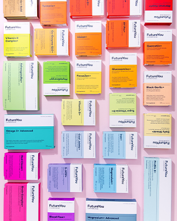 Array of colorful rectangular product boxes arranged in a grid pattern, featuring various shades and sizes. Text 'FuturePro' visible on multiple boxes.