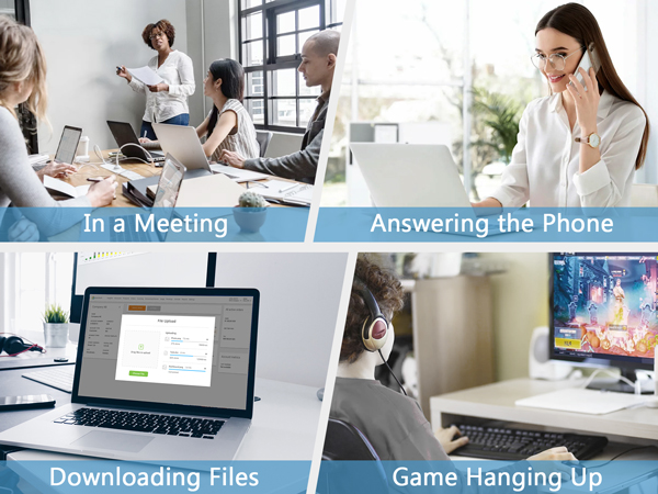Four-panel image showing office workspace scenarios: meeting, phone call, file downloading, and gaming activities.