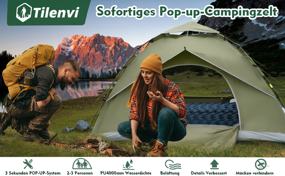 Camping Zelt 3 Personen, Tilenvi Pop Up Zelt mit Familie