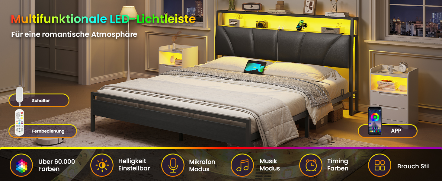 Schlafzimmer mit beleuchtetem Kopfteil mit LED-Lichtleisten. Das Kopfteil hat Regale und Beistelltische. Die folgenden Symbole zeigen die Beleuchtungsfunktionen: Farboptionen, Helligkeitssteuerung, Musiksynchronisierung und Timer-Funktion