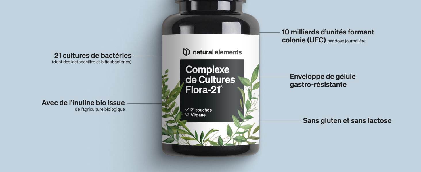 Flacon de supplément noir à motif botanique, avec du texte en français et des images de feuilles sur l'étiquette décrivant le contenu probiotique