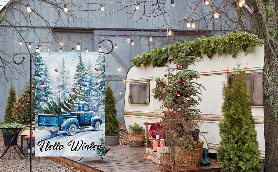 Heyfibro Hello Winter Garden Flag Retro Blue Truck