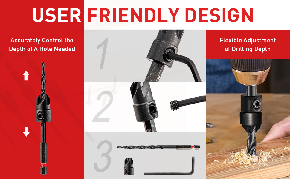EZARC Wood Countersink Drill Bit Set, 4, 6, 8, 10, 12 Tapered Drill