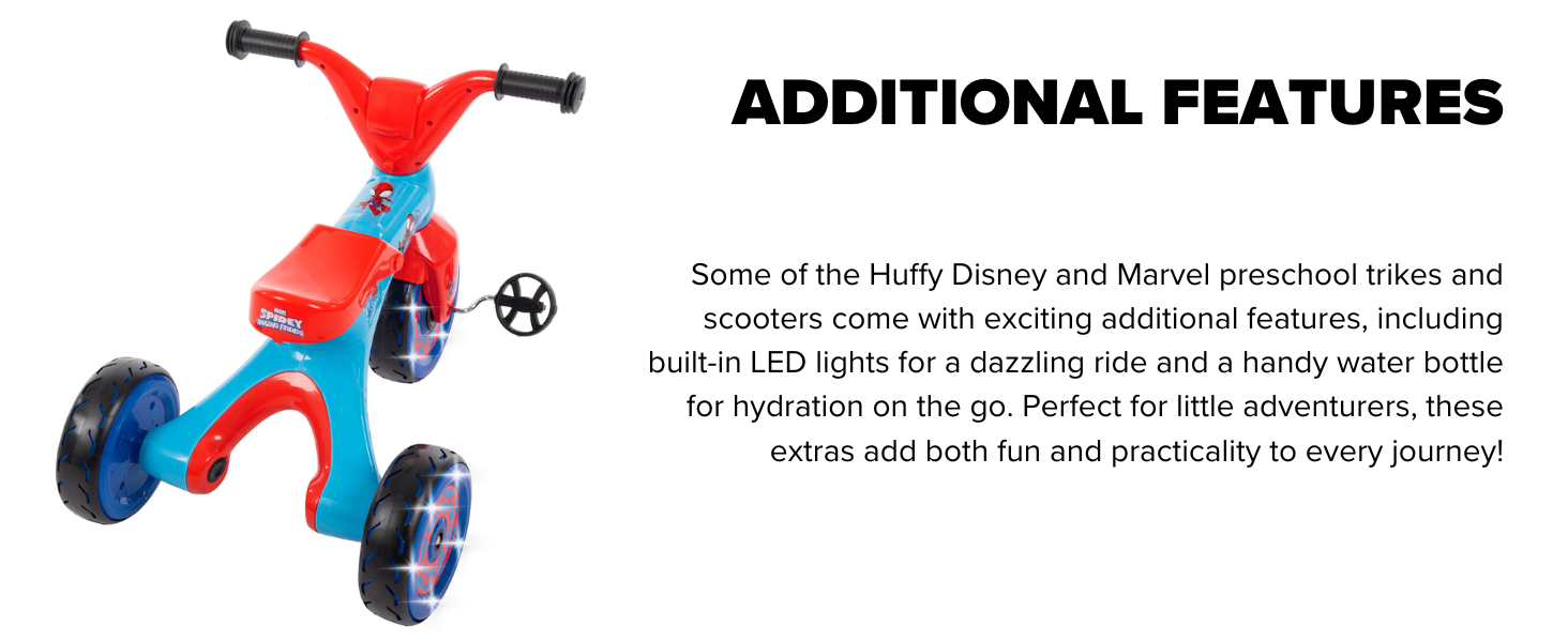 Huffy, Disney, Marvel, preschool, scooters, trikes, LED lights, water bottle, adventure, fun, kids
