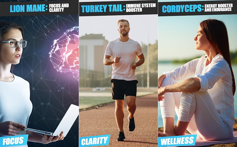 Mushroom Supplement, Lions mane, Cordyceps, Reishi, Turkey tail, chaga, oyster, mushroom, shiitake