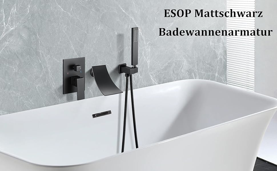 Mitigeur De Baignoire, Robinet De Baignoire Cascade, Robinet De Bain Mural, Encastrable Mitigeur De Douche Avec 1,5m Flexible De Douche En Acier Inoxydable, Douchette En Laiton, Noir, Style B 10 Robinet de Baignoire