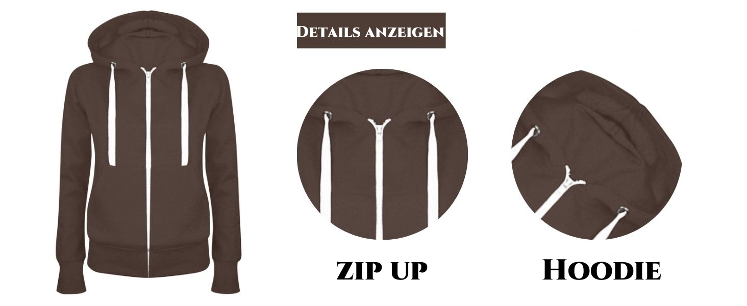 Trois icônes montrant différentes vues d'un sweat à capuche avec des libellés textuels « ZIP UP » et « HOODIE », affichés dans un style de silhouette marron.