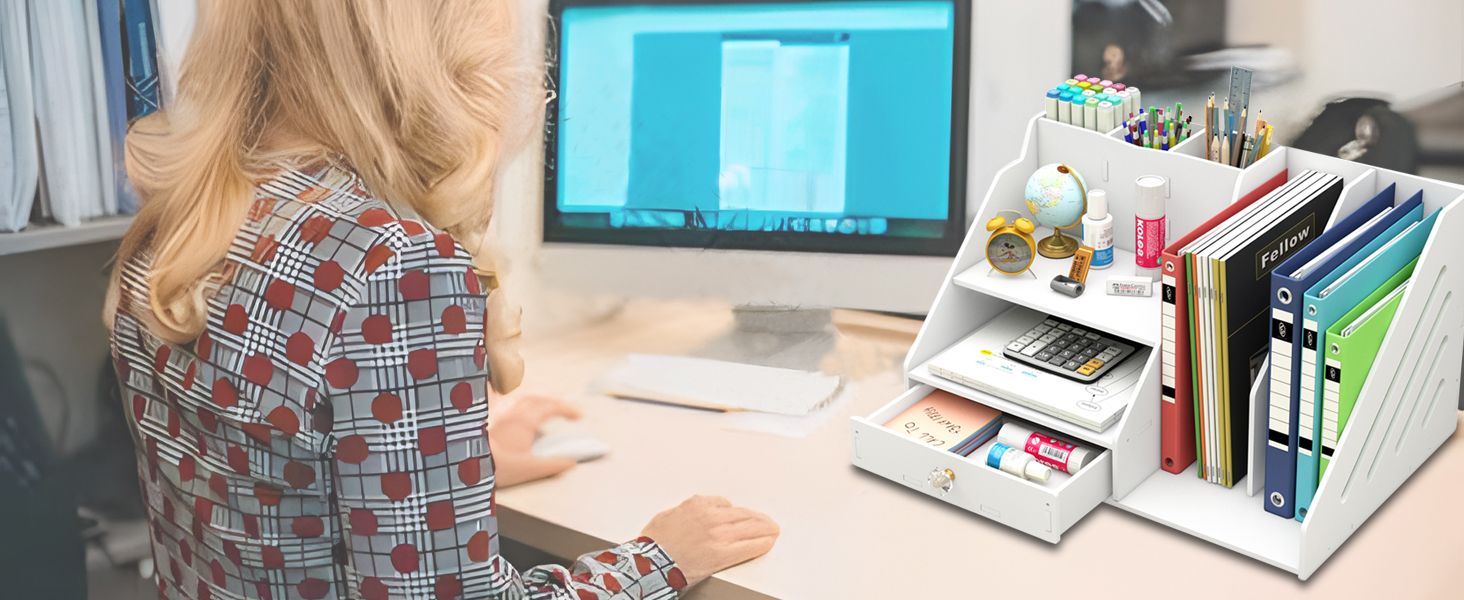 Organisateur de bureau,Bureau blanc avec rangement,Bureau avec rangement tiroirs,Organisateur bureau