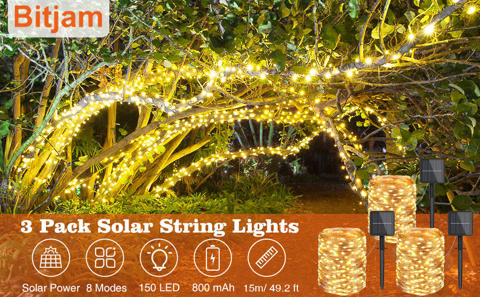Bitjam Solar Fairy Lights Outdoor 3 Packs 49Ft/150 LED Solar String