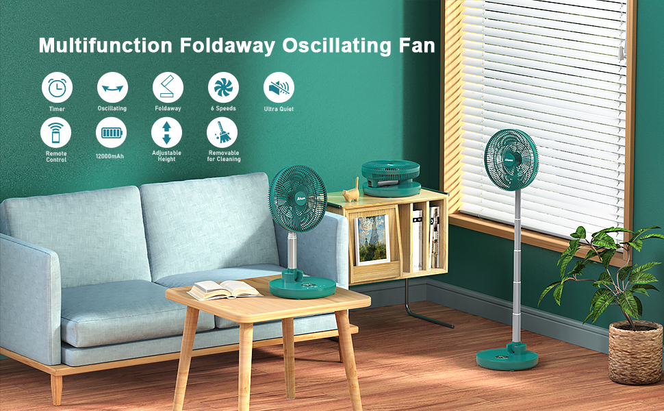 Aluan 12" Quiet Oscillating Fan with 12000mAh Rechargeable