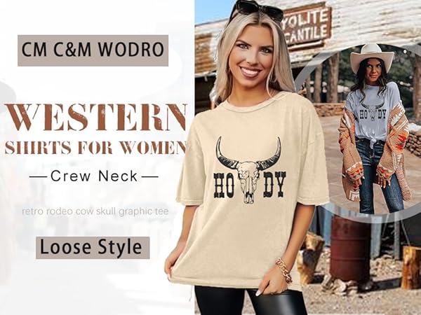 CM C&M WODRO Oversized Country Graphic Tees for Women Howdy