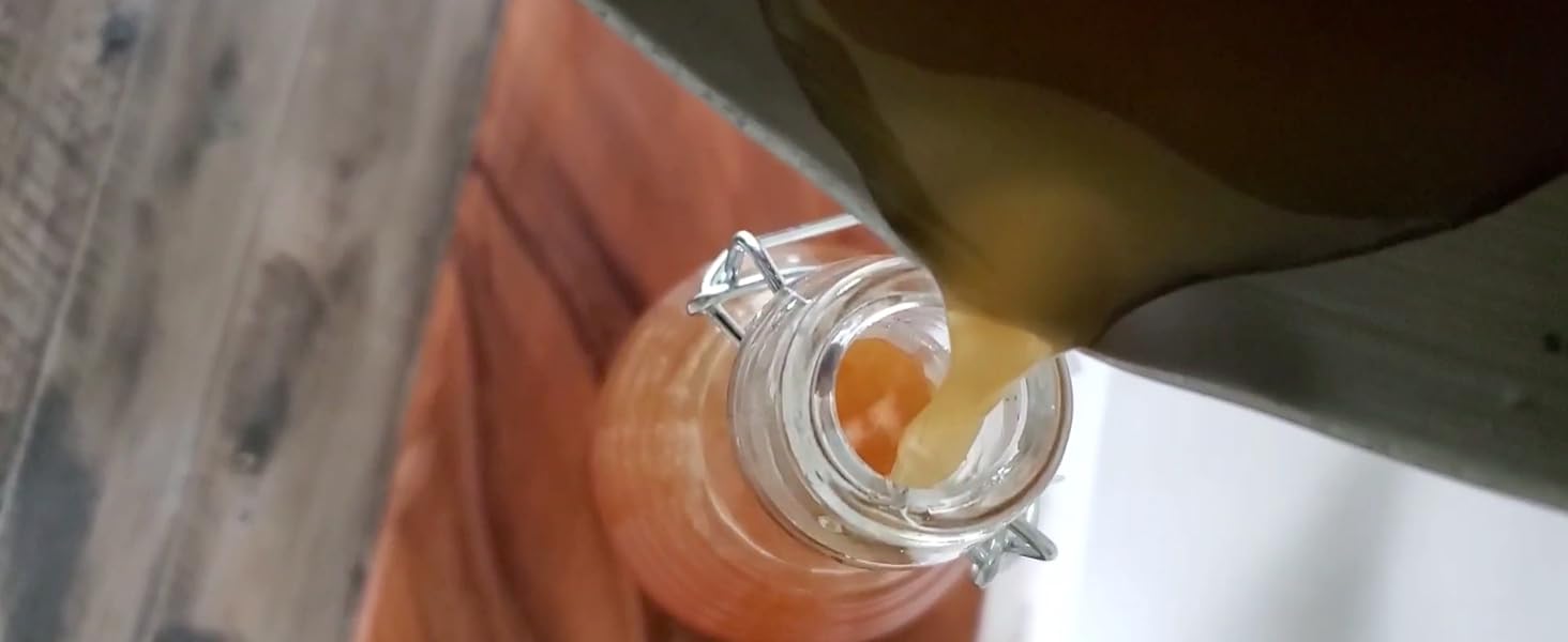 pouring water, honey, vanilla, and water kefir mixture into bottle; kefir grains organic live;
