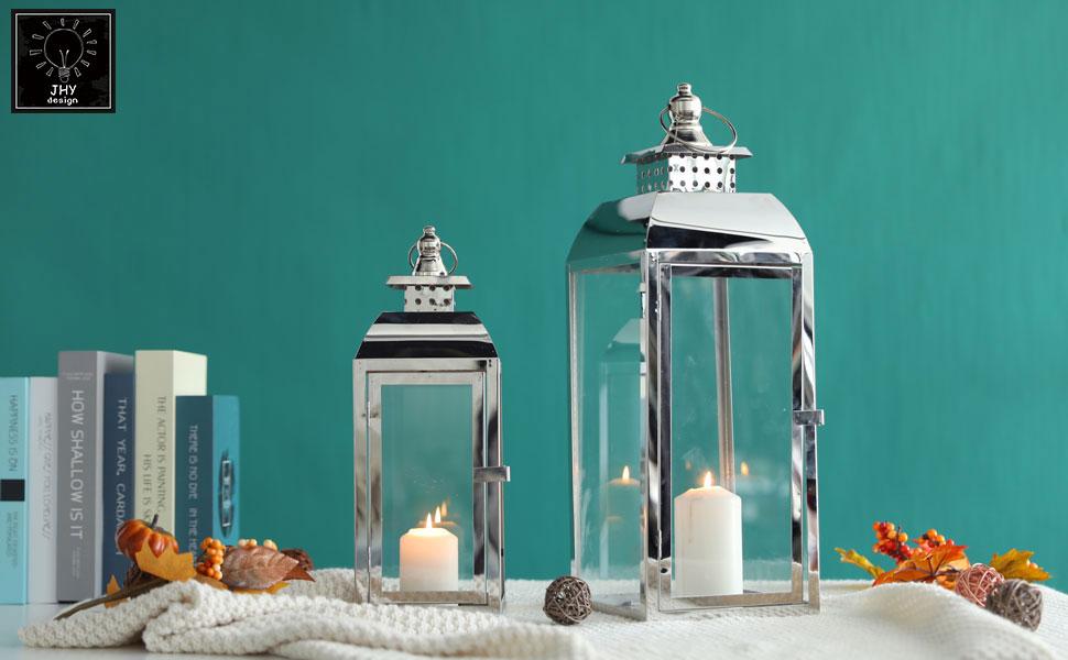JHY DESIGN Set of 2 Stainless Steel Decorative Candle Lanterns 52&39CM High Metal Candle