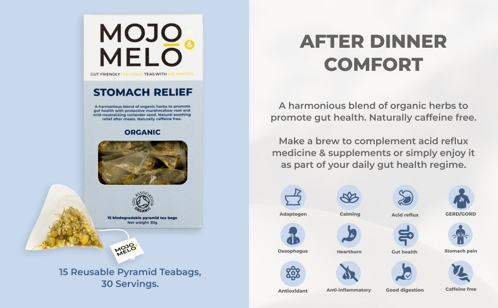 Mojo & Melo Organic Stomach Relief Tea Relieves Heartburn, Acid