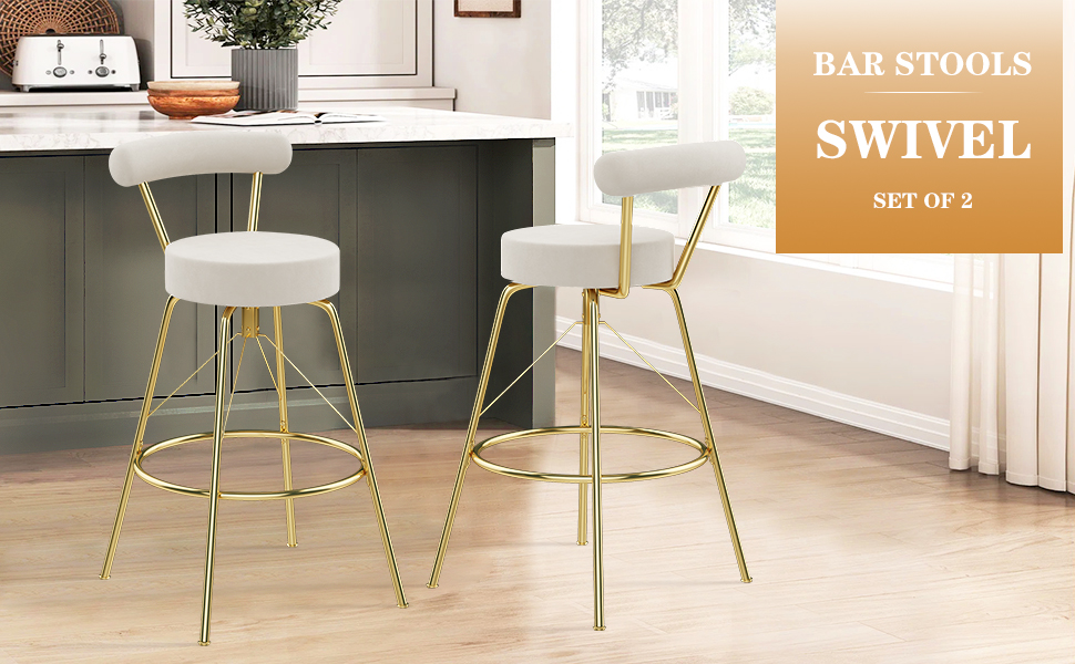 Awonde Velvet Swivel Bar Stools Set of 2 Metal Gold