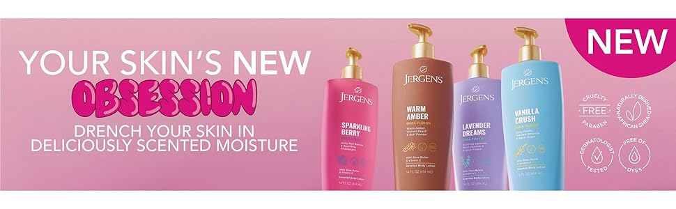 Four bottles of Jergens Shea Fusion Scented Body Lotion.