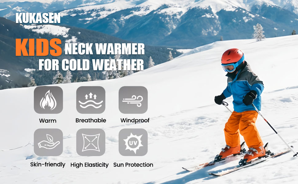 Kids skiing wearing KUKASEN fleece neck warmer, warm breathable windproof design