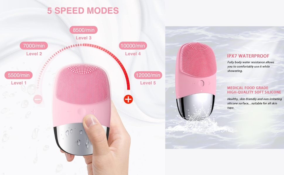 speed modes, customized cleansing, waterproof scrubber, silicone facial brush, skincare