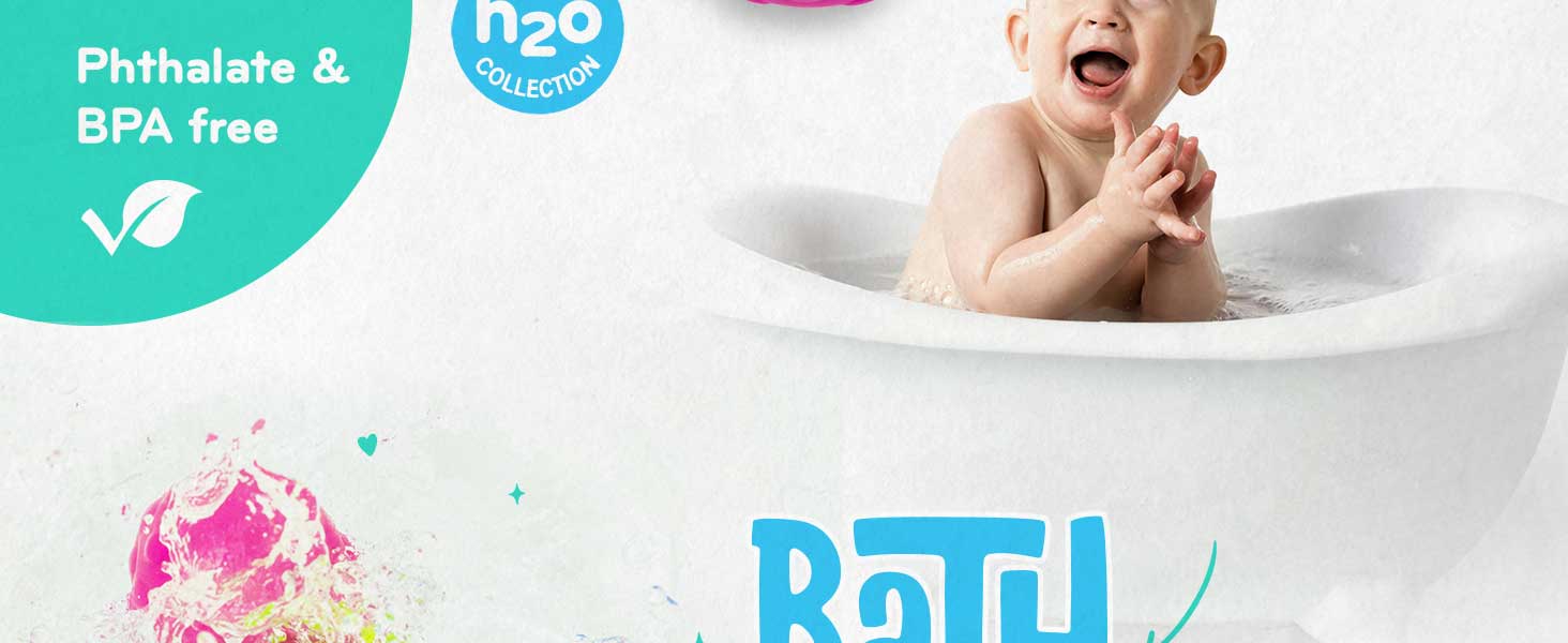3 colorful sensory bath shakers with a baby in a bath enjoying the toys