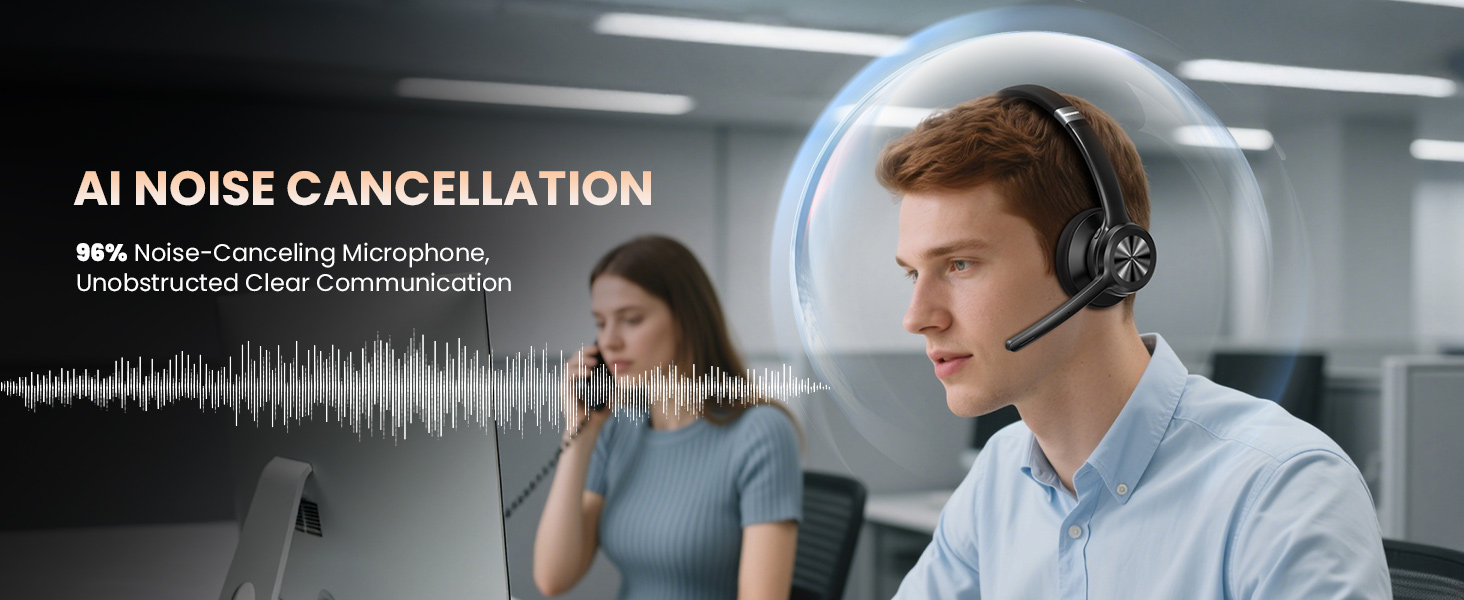 Text reads 'AI NOISE CANCELLATION'. Image shows multiple people wearing headsets in an office setting, demonstrating noise-canceling technology in a professional environment.