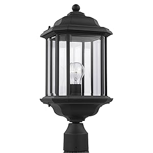 Sea Gull Lighting Kent One-Light Outdoor Post Lantern with Clear Beveled Glass Panels, Black Finish