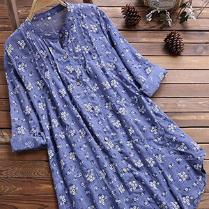 45R シャツワンピース ロング丈 花柄 小花 ブルー系 size2 45R（フォーティファイブアール）の「ウキウキフラワープリント