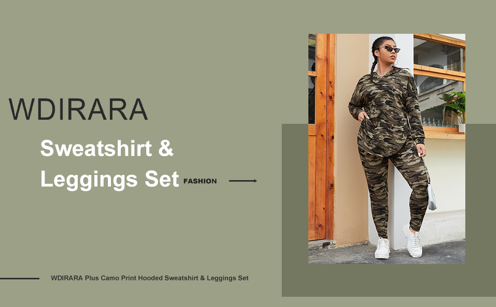 Women's Plus Size 2 Piece Outfit Camo Print Long Sleeve Hooded Sweatshirt and Leggings Set