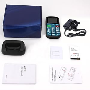 Product unboxing layout showing navy blue electronic device with accessories including charging cable, manual, and carrying case on white background.