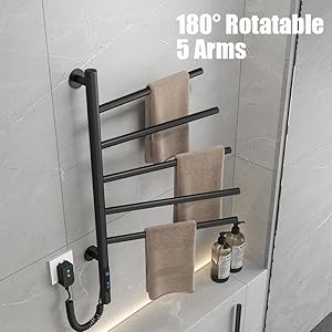 Sèche-Serviettes Électrique, Pivotant à 180 ° Porte-Serviettes Chauffant, Chauffe-Serviettes électrique Mural Avec Thermostat(45-70℃) Minuterie, Écran LED, 660x420cm, 80W, Noir 14 6565