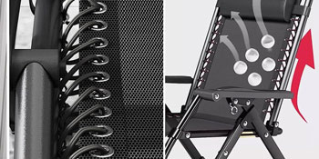 Primo piano della struttura di una sedia pieghevole, che mostra tessuto a rete nero, molle metalliche e un componente rosso