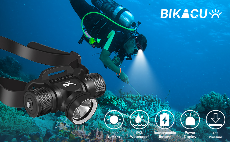 BIKACU LED Diving Headlamp 1500 Lumens Professional Dive Light 60 Meters Underwater