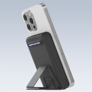 Gray tablet or phone stand shown from multiple angles, displaying adjustable positioning capabilities for device support.