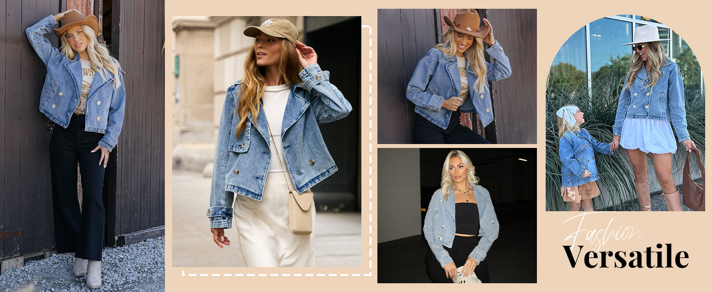 Denim Jacket for Women Cropped Trench Coat Double Breasted Lightweight Jean Jackets Casual Outerwear