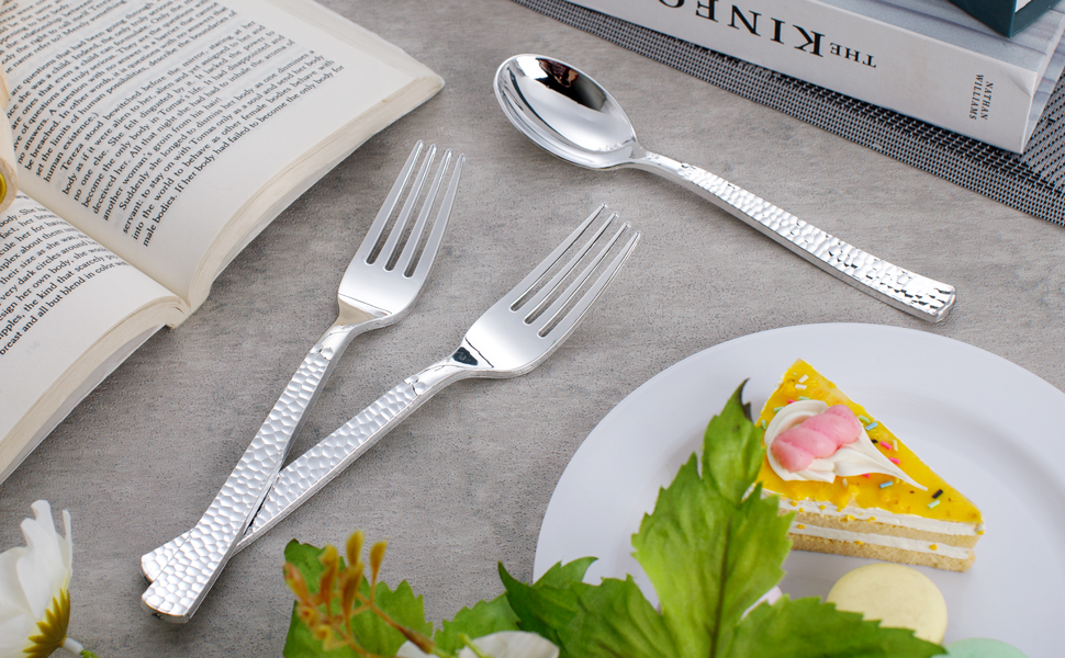 KIRE 400PCS Silver Plastic Forks and Spoons Disposable