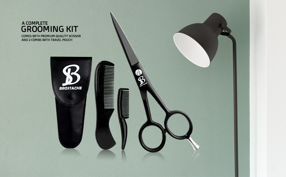 BROSTACHE Beard & Mustache Scissors for Men 5, 2 comb & Leather Travel