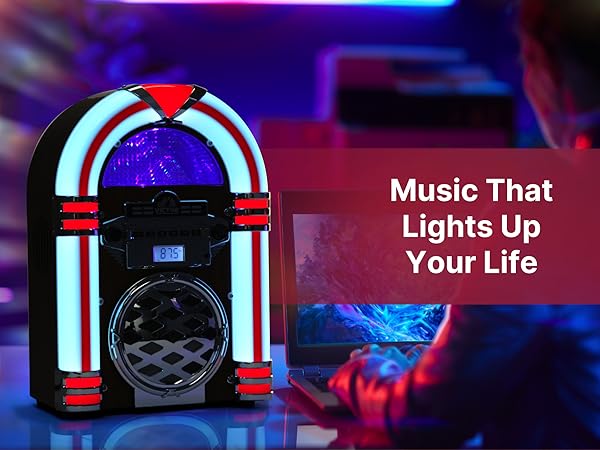 Perfect for home office, lounge, basement, game room, entertainment center, Desktop Jukebox CD Radio