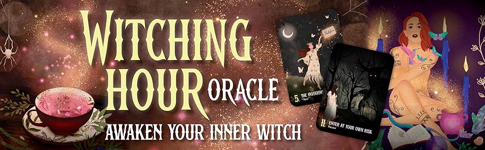 Witching hour oracle, two oracle cards on right and witchy illustrations