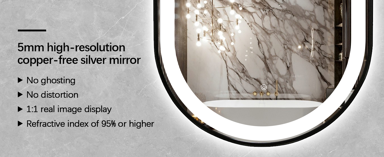 Diagram showing the layers of the TheiaMo mirror: 5mm glass HD copper-free silver mirror, silver ion plating, antioxidant technology, and mirror level sandblasting technology with waterproof and paint layer.