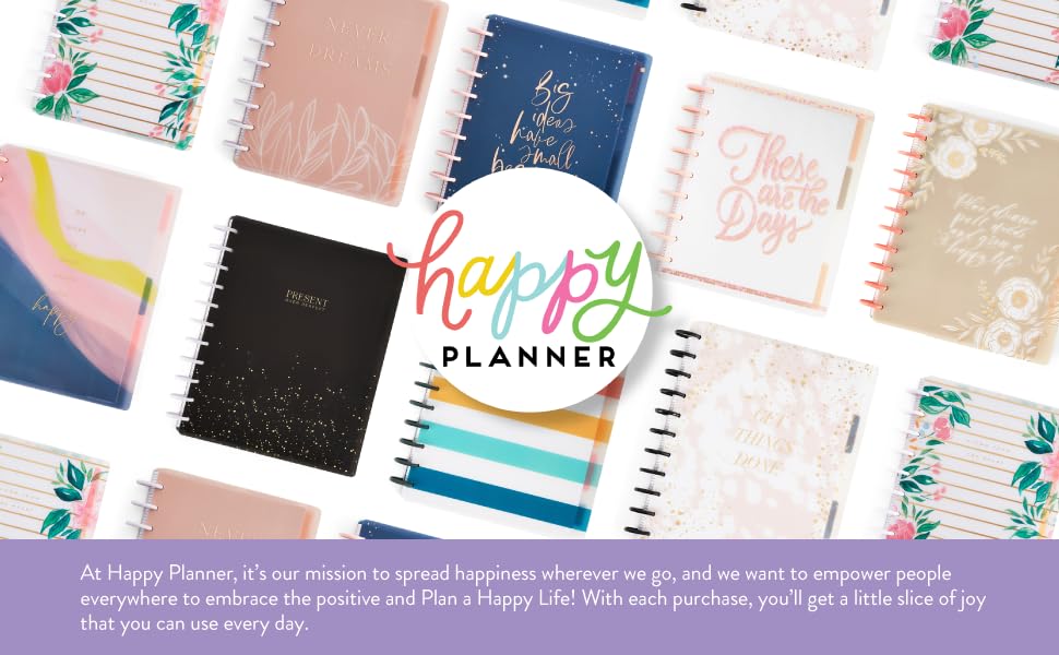 The Happy Planner logo over an assortment of Happy Planner notebooks.