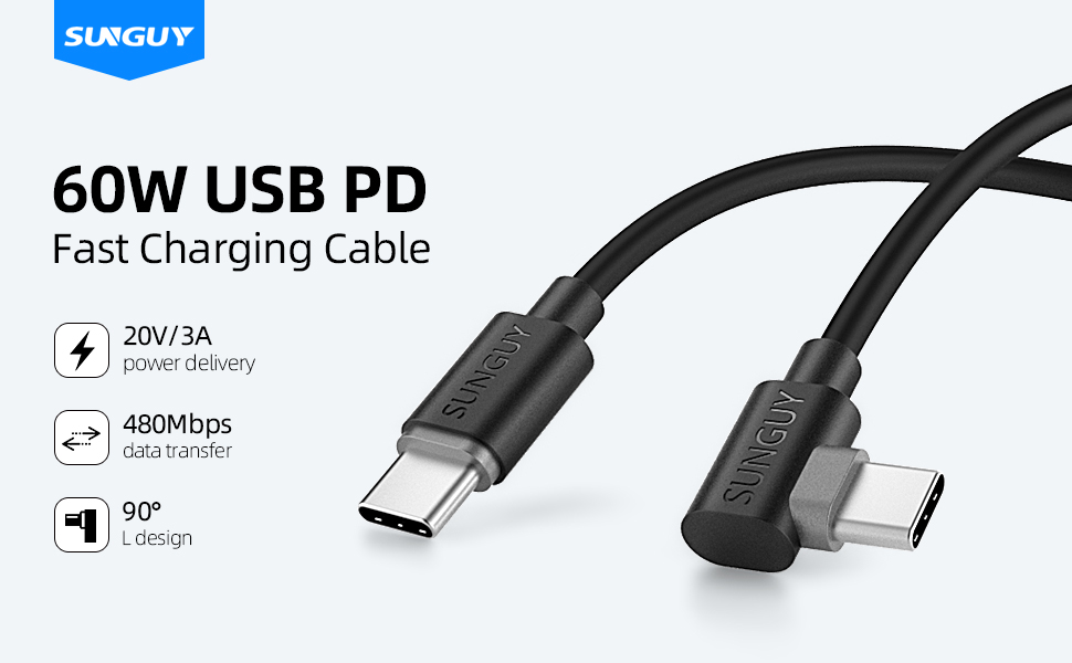 SUNGUY USB C to USB C Cable 1FT [2Pack], Right Angle 90 Degree Type C