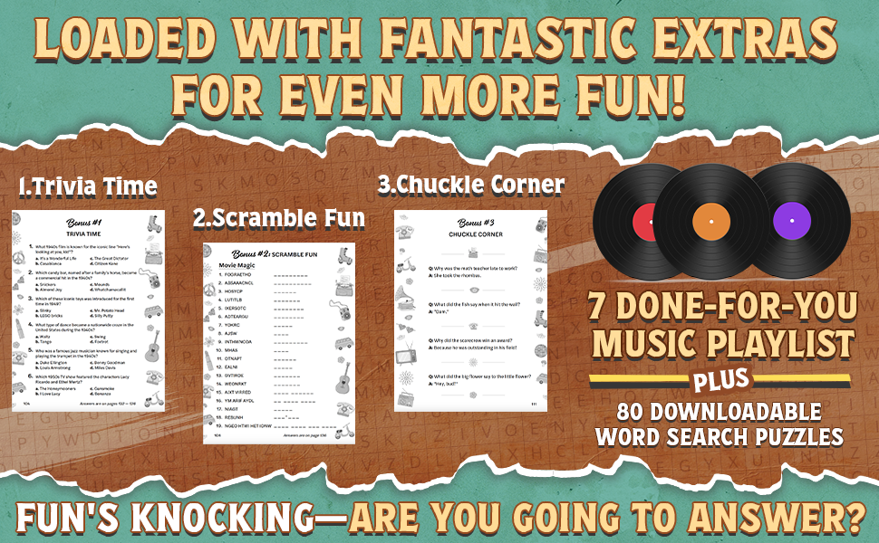 Extras-Trivia Quiz, Word Scrambles, Jokes, Music playlist; word games seniors;1950s nostalgia gifts