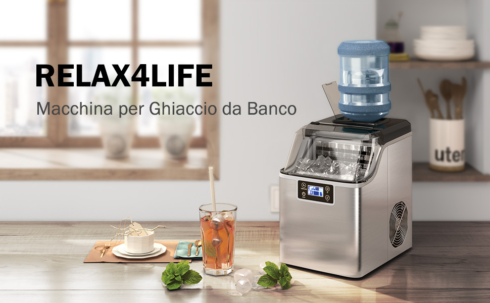 RELAX4LIFE Macchina Per Cubetti Di Ghiaccio, Capacità 18 Kg/24 Ore, Durata 15-20 Min Con Timer 1-24 Ore, Serbatoio D’Acqua 3,2L, Stoccaggio Ghiaccio 1,2 Kg, Produttore Domestico Di Ghiaccio A Cubetti 12 1
